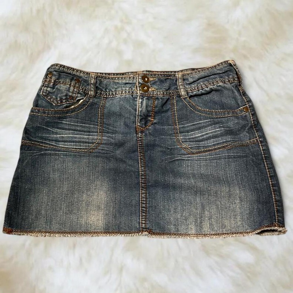 SO Denim Low Rise Mini Skirt Blue Y2K Distressed Raw Hem Size 5